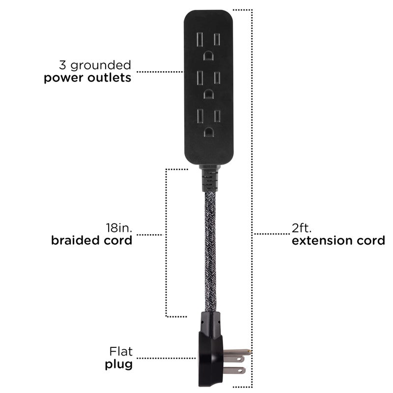 Cordinate Designer Mini 3-Outlet Power Strip, 18 in Braided Extension Cord, Grounded Adapter, Low-Profile Flat Plug, ETL Listed, Black/Dark Heather, 47298 - Image 2